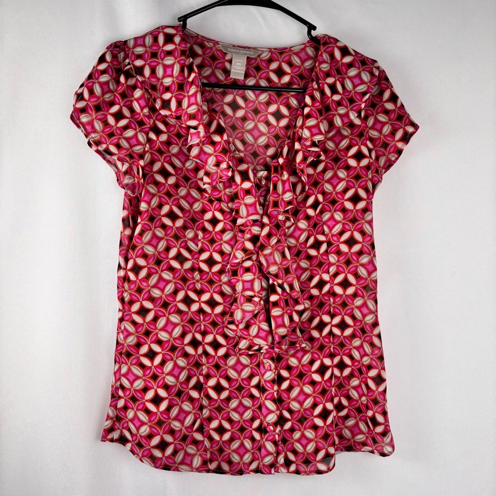 Banana Republic Ruffle Button Down Blouse XS Petite Geometric Print Semi-Sheer